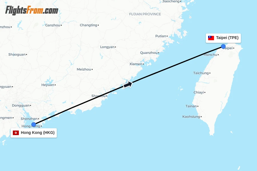 Flights from Hong Kong to Taipei route map