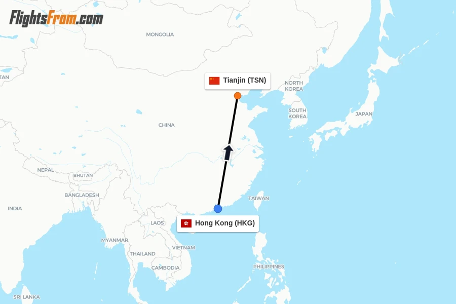 Flights from Hong Kong to Tianjin route map