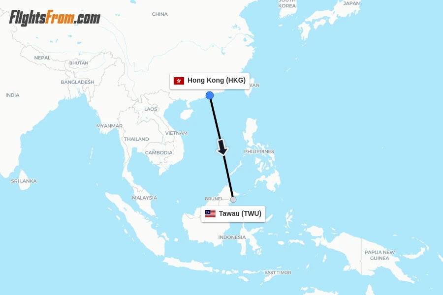 Flights from Hong Kong to Tawau route map