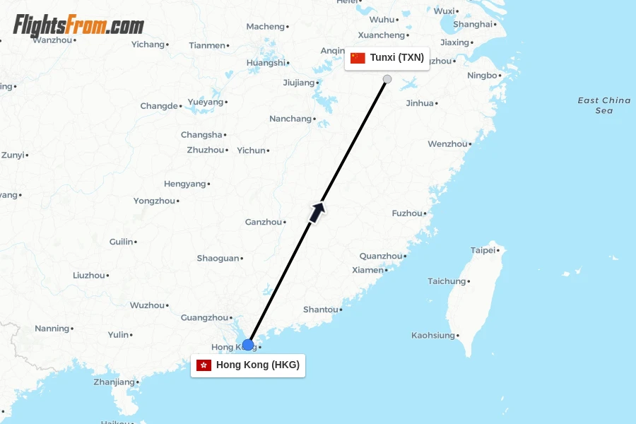 Flights from Hong Kong to Tunxi route map