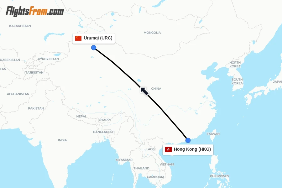 Flights from Hong Kong to Urumqi route map
