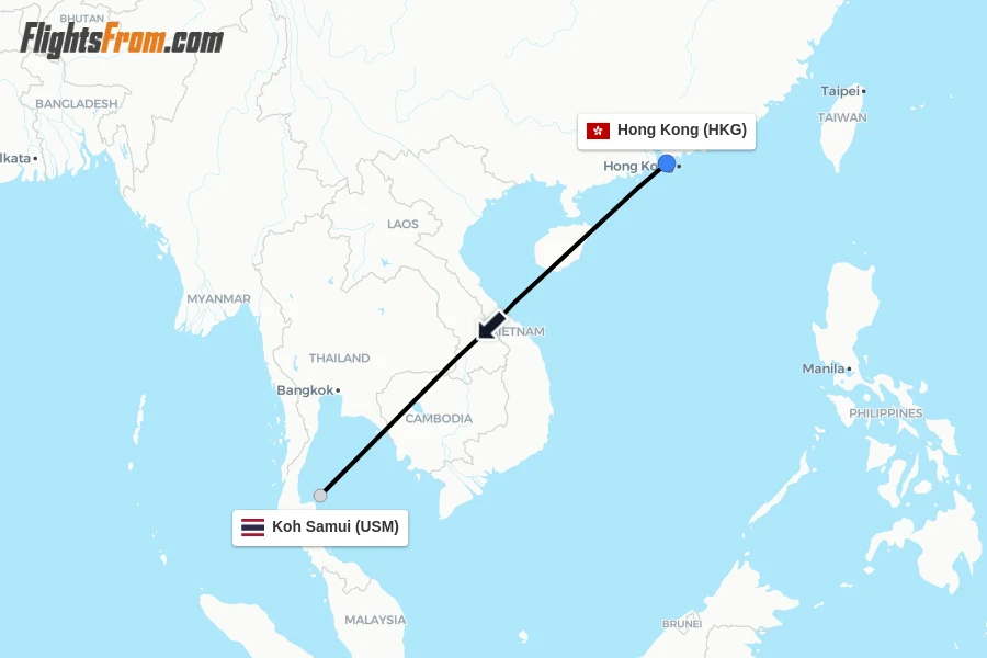 Flights from Hong Kong to Koh Samui route map