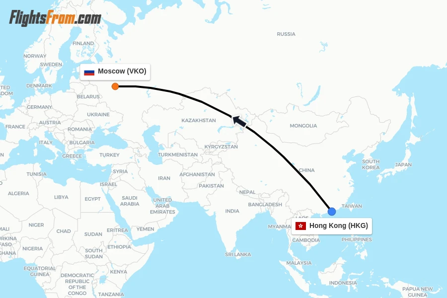 Flights from Hong Kong to Moscow route map