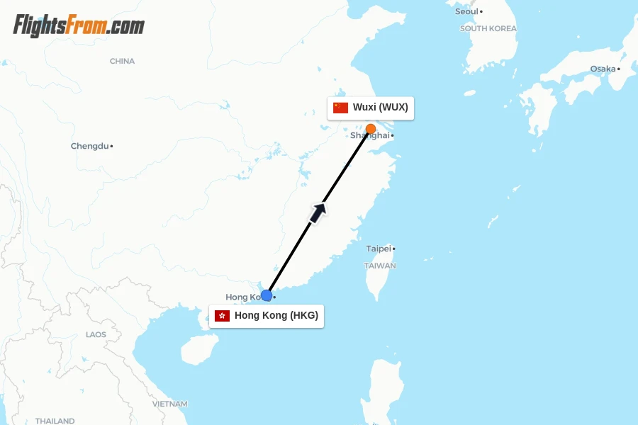Flights from Hong Kong to Wuxi route map