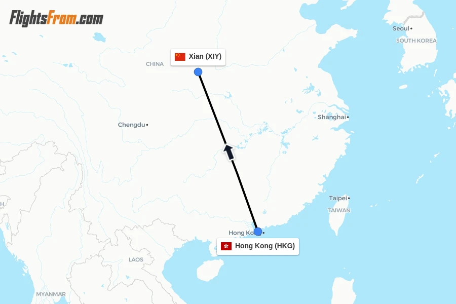 Flights from Hong Kong to Xian route map