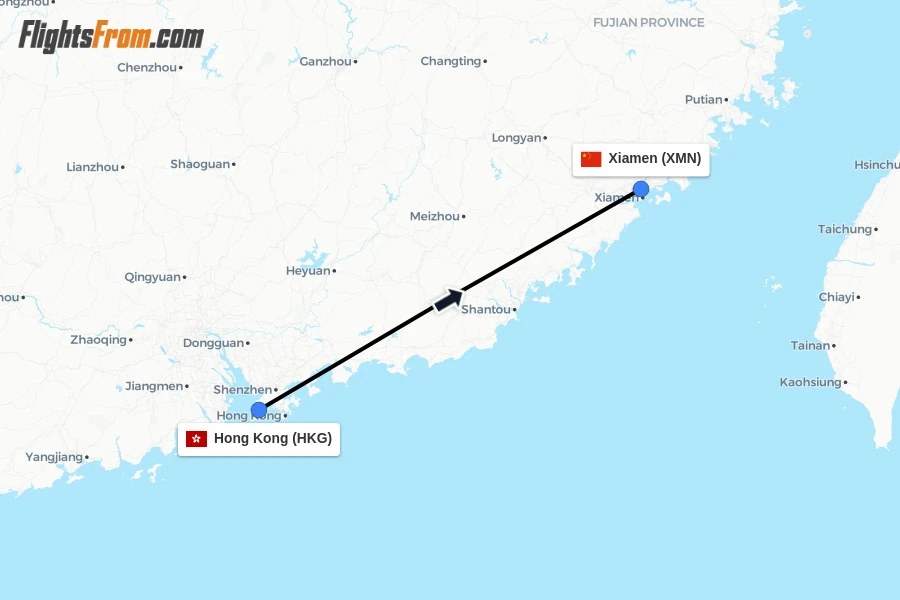 Flights from Hong Kong to Xiamen route map