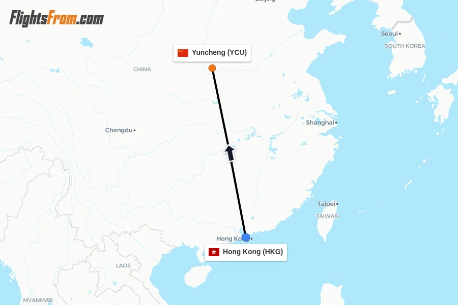 Flights from Hong Kong to Yuncheng route map
