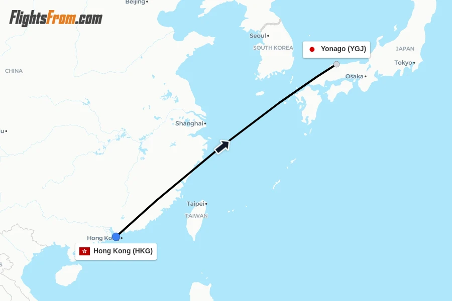 Flights from Hong Kong to Yonago route map