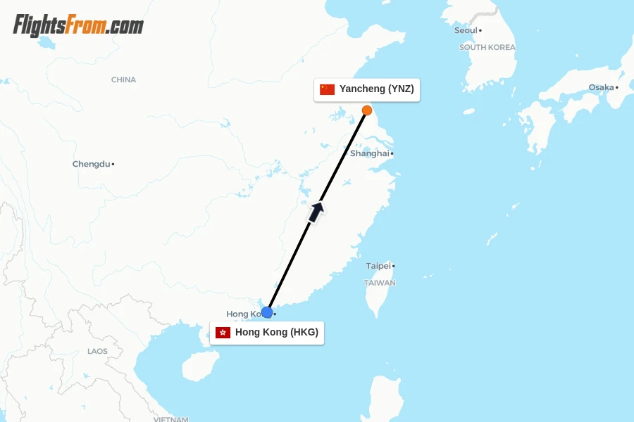 Flights from Hong Kong to Yancheng route map
