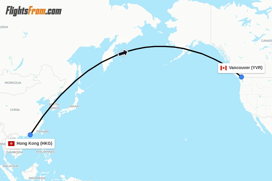 Flights from Hong Kong to Vancouver route map