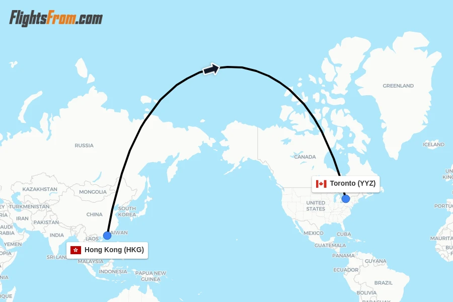 Flights from Hong Kong to Toronto route map