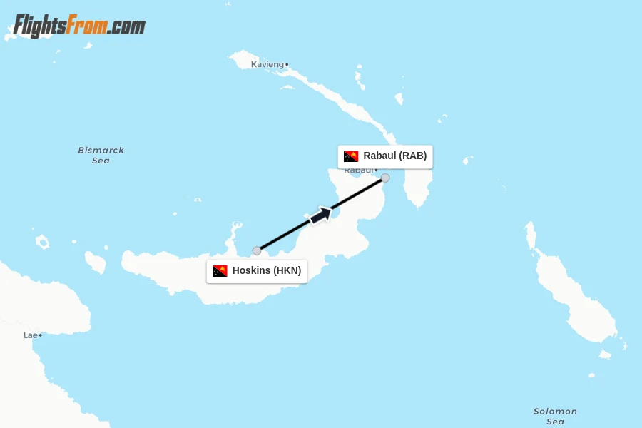 Flights from Hoskins to Rabaul route map