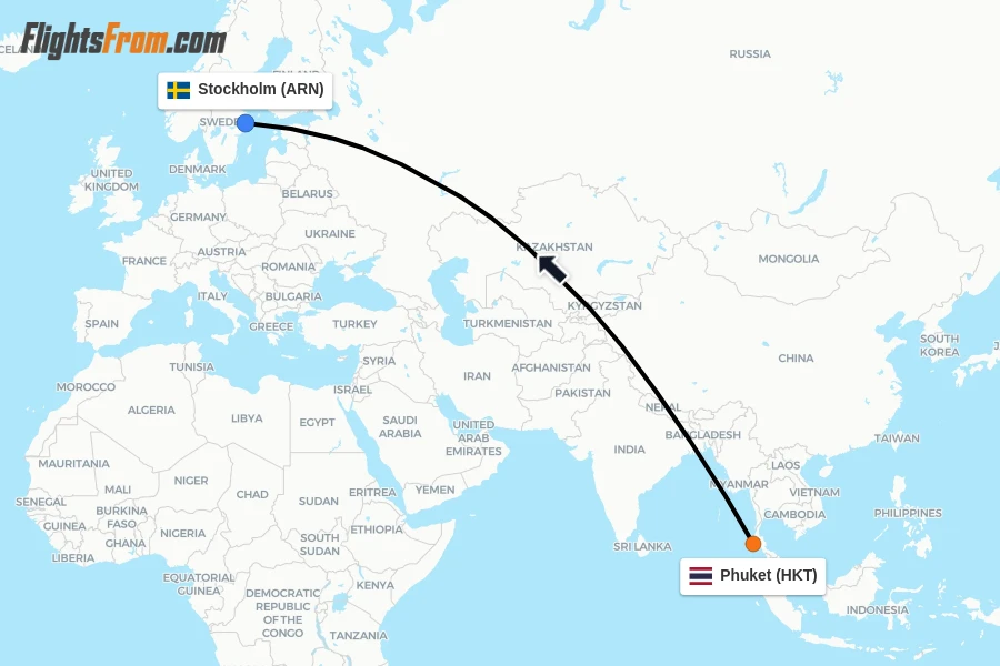 Flights from Phuket to Stockholm route map