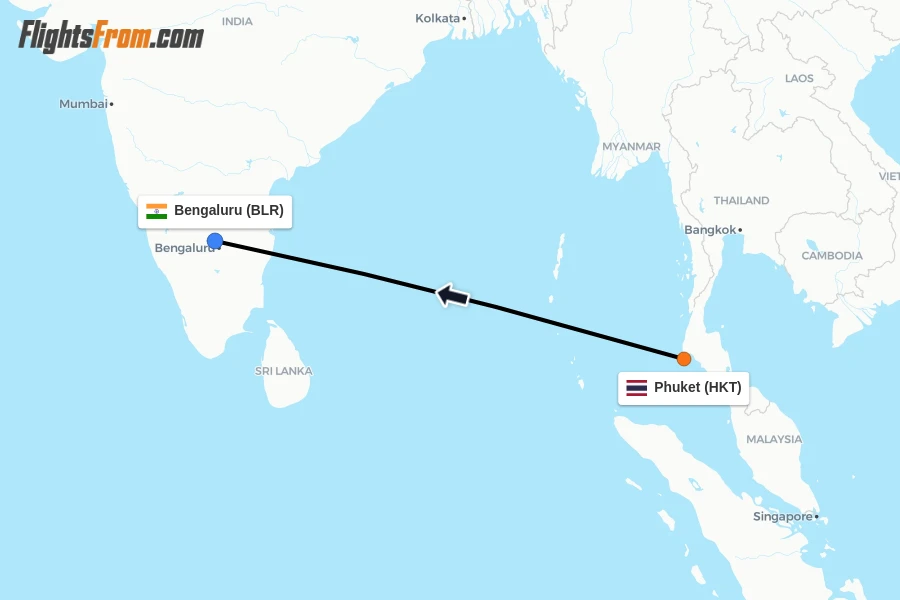 Flights from Phuket to Bengaluru route map