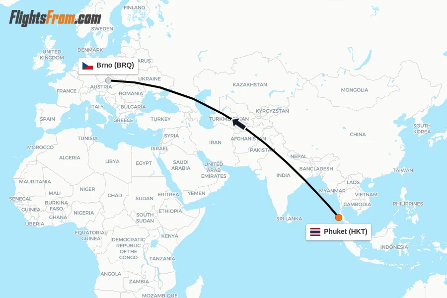 Flights from Phuket to Brno route map