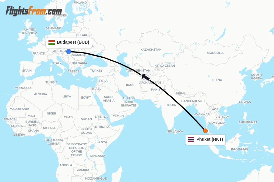 Flights from Phuket to Budapest route map