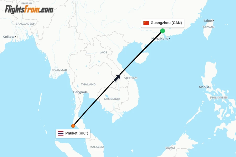 Flights from Phuket to Guangzhou route map