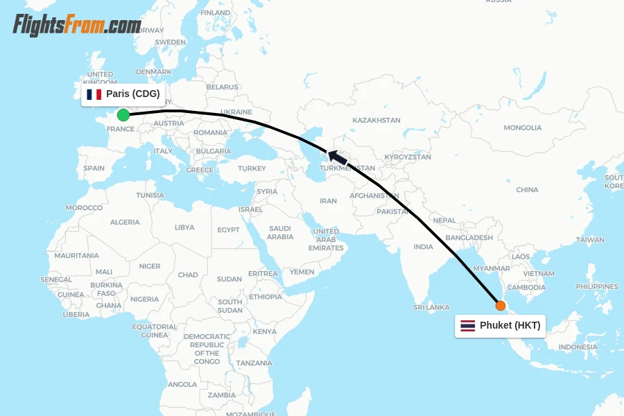 Flights from Phuket to Paris route map