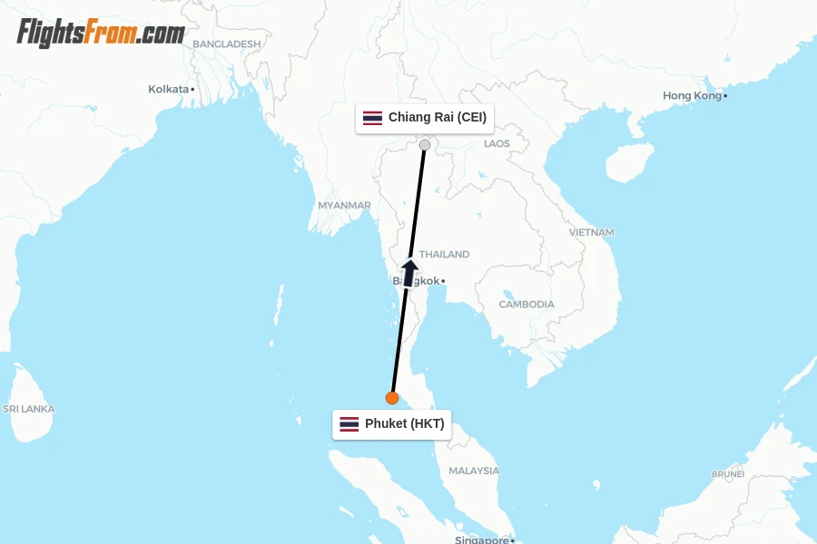 Flights from Phuket to Chiang Rai route map