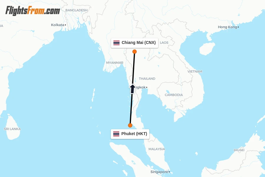 Flights from Phuket to Chiang Mai route map