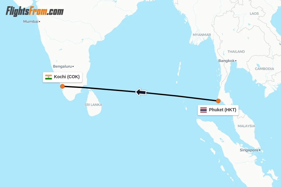 Flights from Phuket to Kochi route map