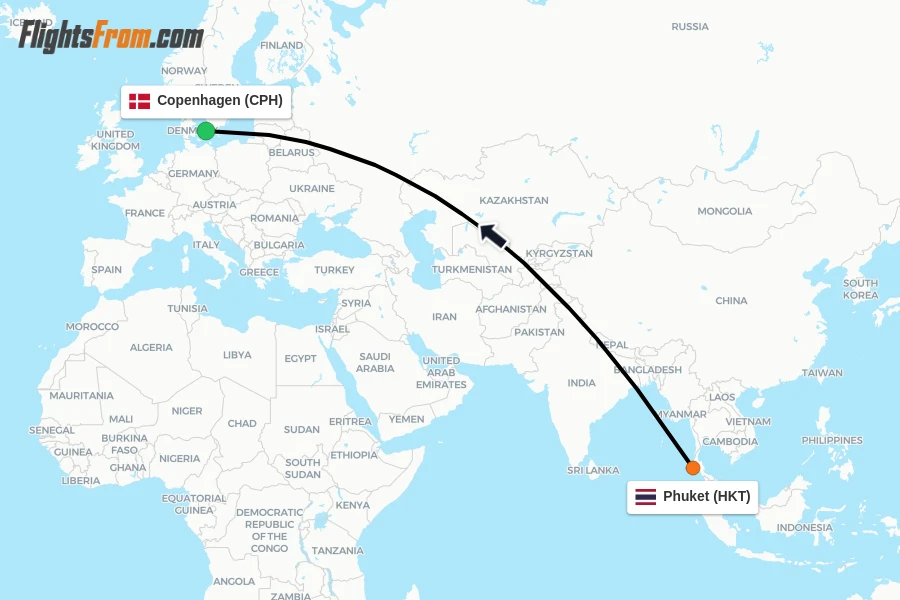 Flights from Phuket to Copenhagen route map