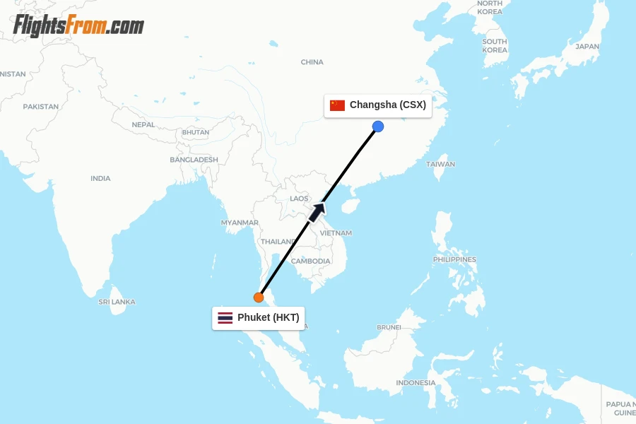 Flights from Phuket to Changsha route map