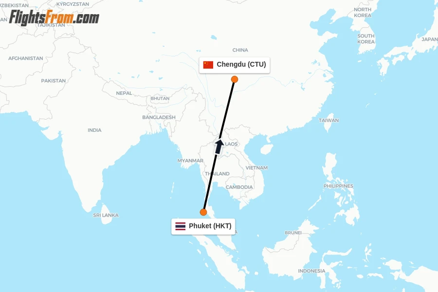 Flights from Phuket to Chengdu route map
