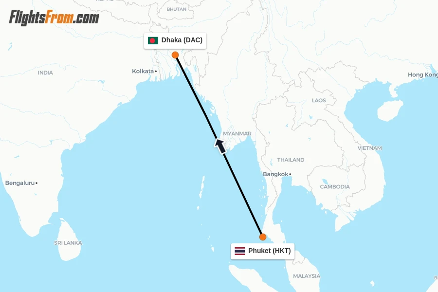 Flights from Phuket to Dhaka route map