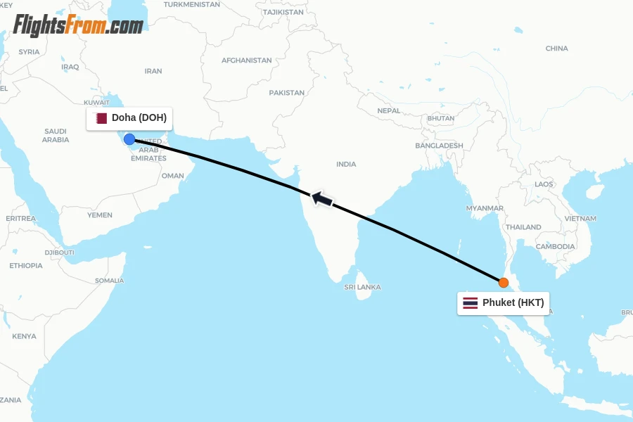 Flights from Phuket to Doha route map