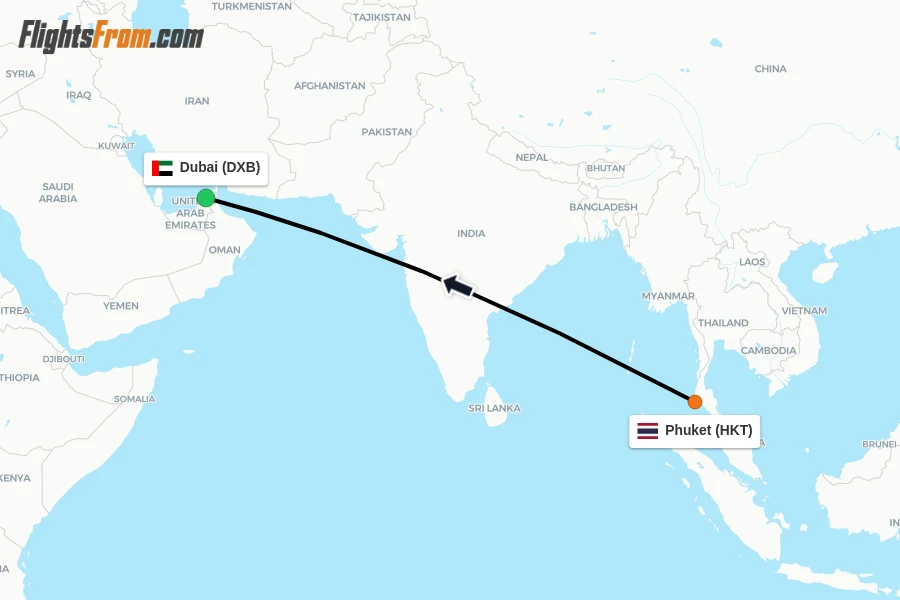 Flights from Phuket to Dubai route map