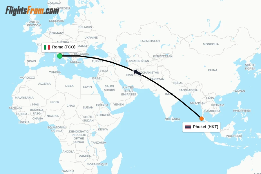 Flights from Phuket to Rome route map