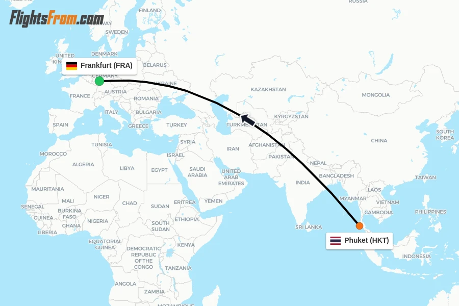Flights from Phuket to Frankfurt route map