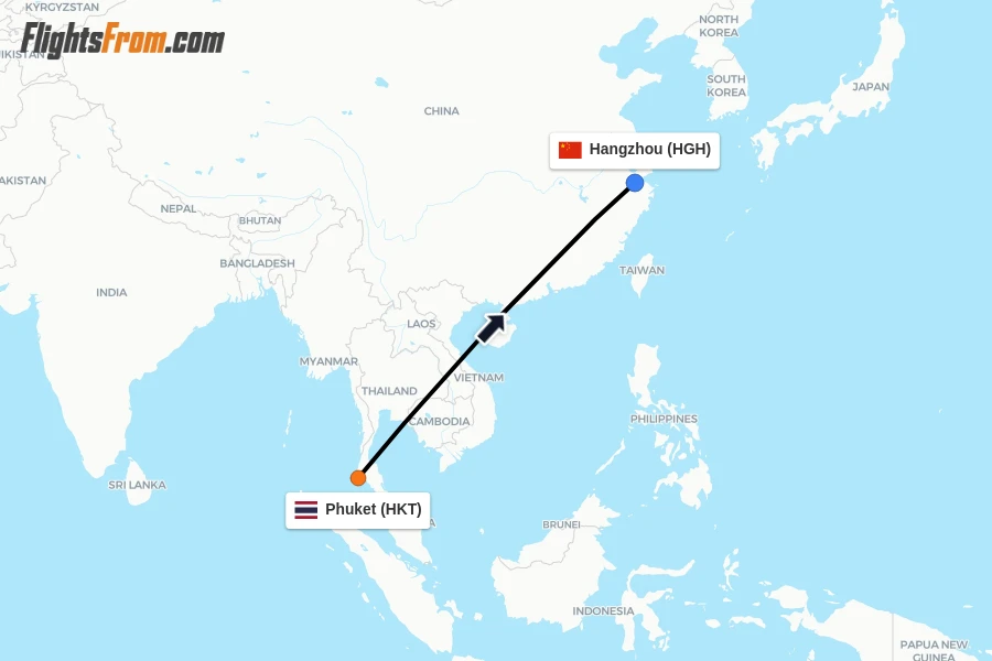 Flights from Phuket to Hangzhou route map