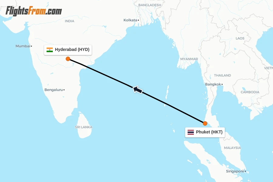 Flights from Phuket to Hyderabad route map