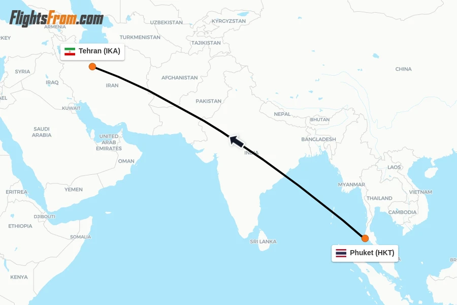 Flights from Phuket to Tehran route map