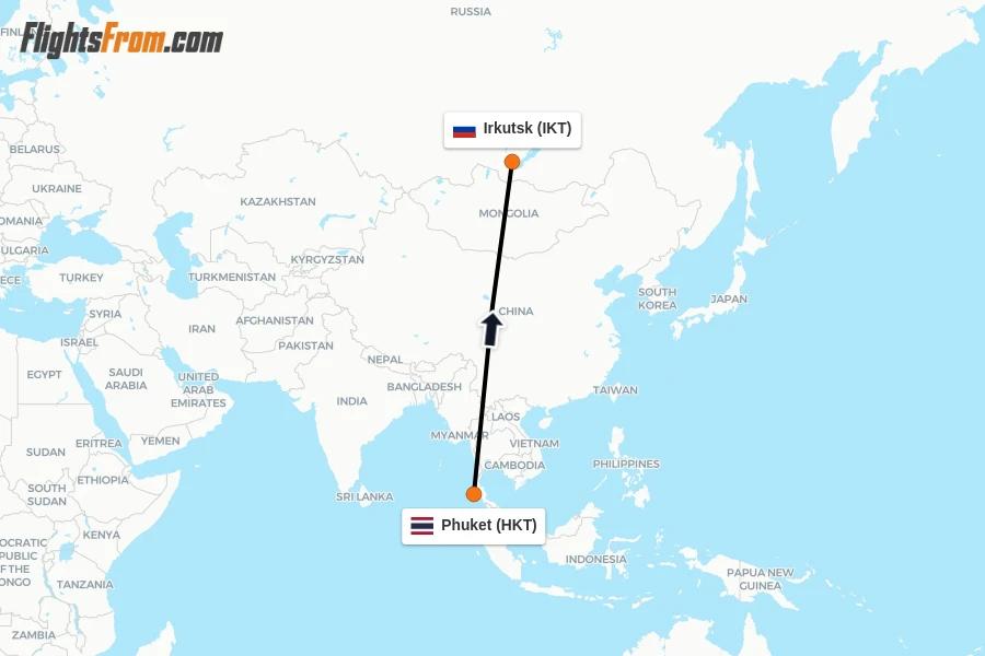 Flights from Phuket to Irkutsk route map