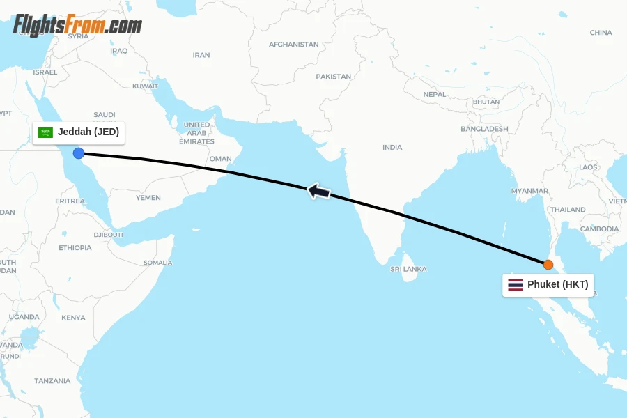 Flights from Phuket to Jeddah route map