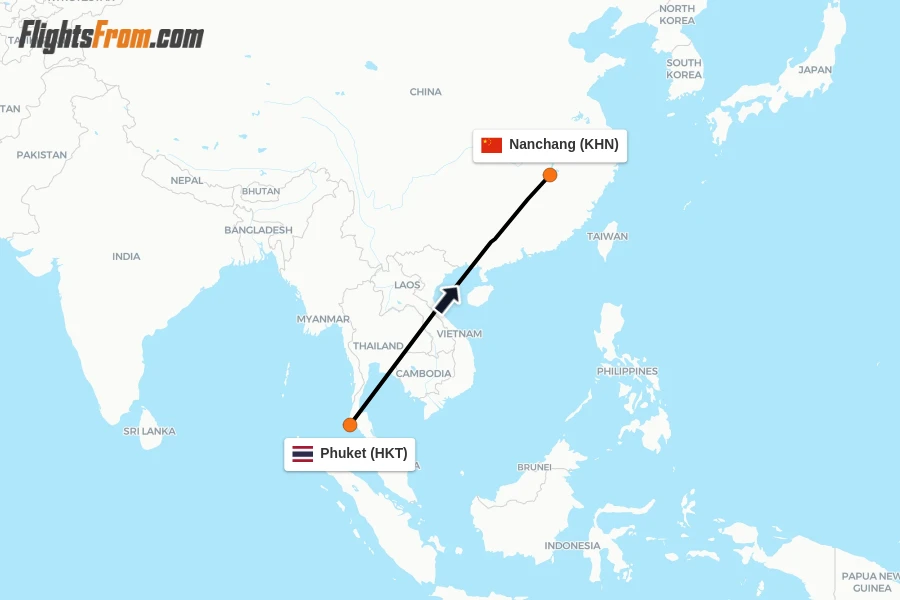 Flights from Phuket to Nanchang route map