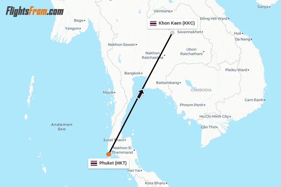 Flights from Phuket to Khon Kaen route map