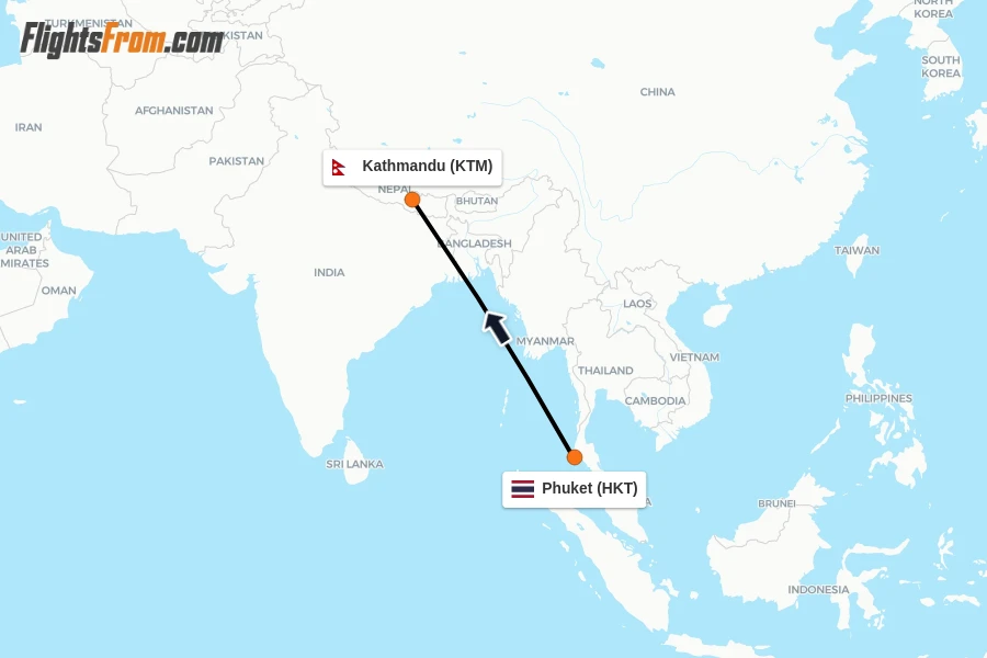 Flights from Phuket to Kathmandu route map