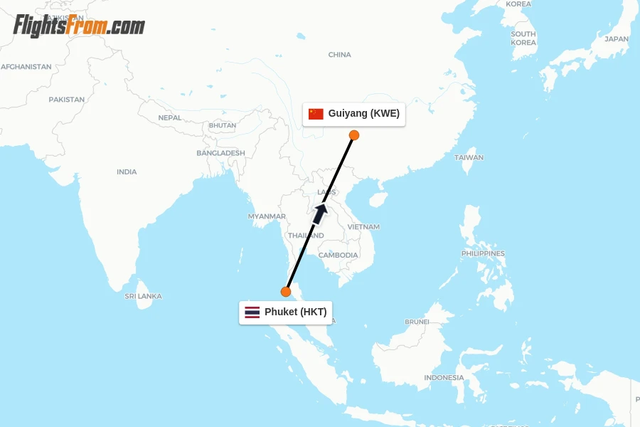 Flights from Phuket to Guiyang route map