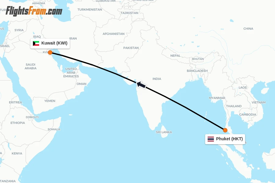 Flights from Phuket to Kuwait route map