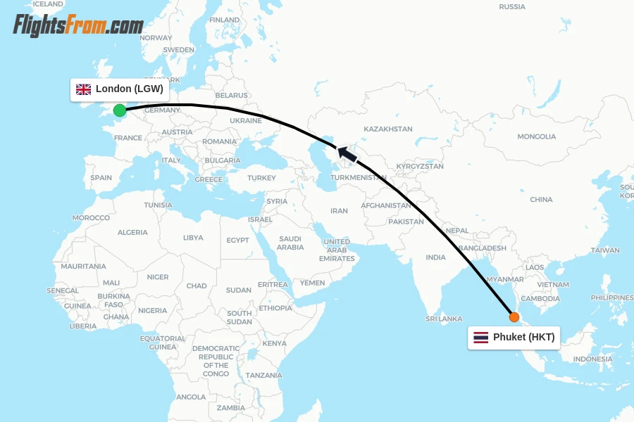 Flights from Phuket to London route map