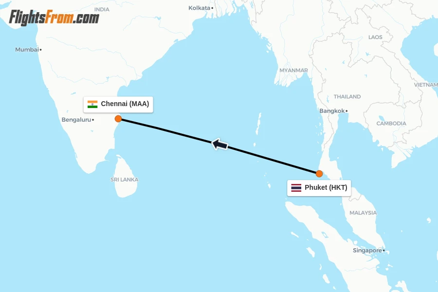 Flights from Phuket to Chennai route map