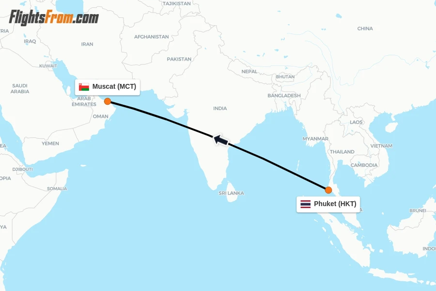 Flights from Phuket to Muscat route map