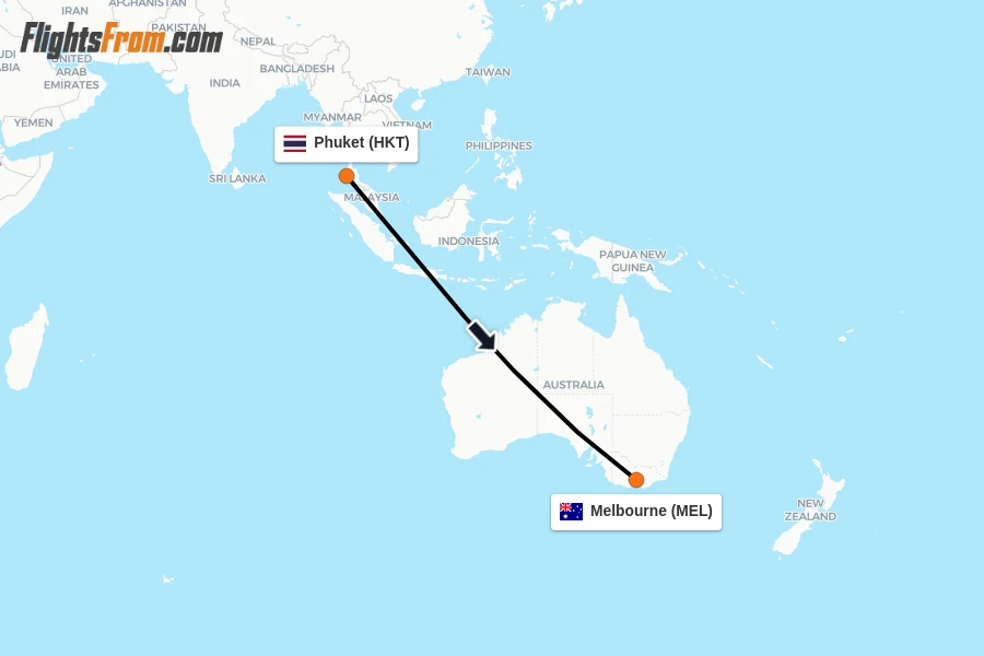 Flights from Phuket to Melbourne route map