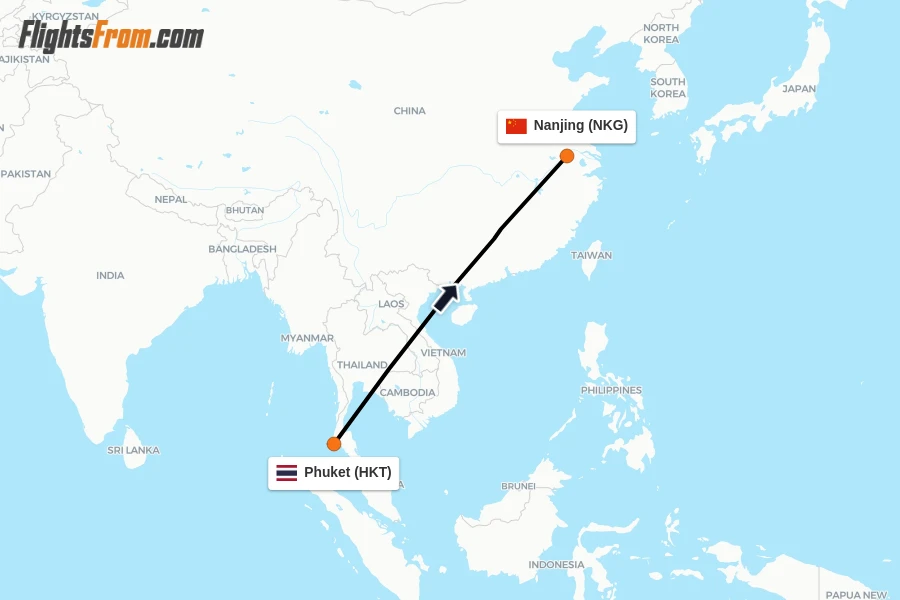 Flights from Phuket to Nanjing route map