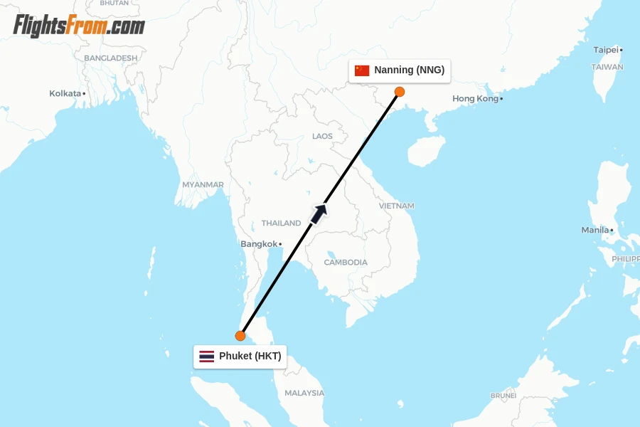 Flights from Phuket to Nanning route map