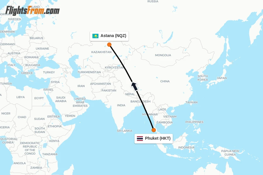 Flights from Phuket to Astana route map